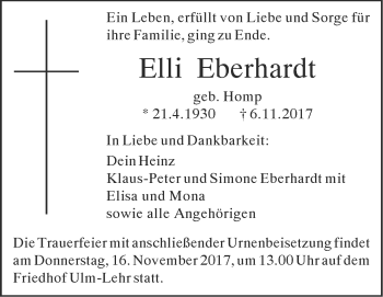 Traueranzeige von Elli Eberhardt von SÜDWEST PRESSE Ausgabe Ulm/Neu-Ulm