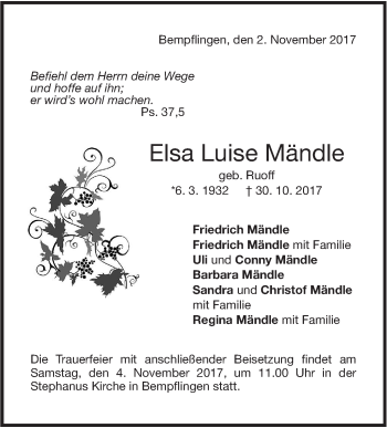 Traueranzeige von Elsa Luise Mändle von SÜDWEST PRESSE