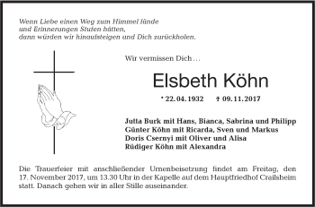 Traueranzeige von Elsbeth Köhn von Hohenloher Tagblatt