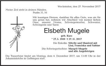 Traueranzeige von Elsbeth Mugele von Haller Tagblatt