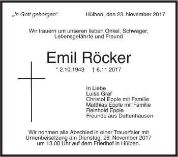 Traueranzeige von Emil Röcker von Metzinger-Uracher Volksblatt