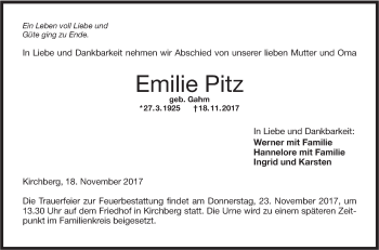 Traueranzeige von Emilie Pitz von Hohenloher Tagblatt