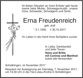 Traueranzeige von Erna Freudenreich von Ehinger Tagblatt