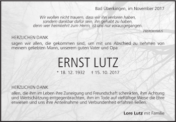 Traueranzeige von Ernst Lutz von Geislinger Zeitung