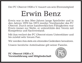 Traueranzeige von Erwin Benz von Rundschau Gaildorf