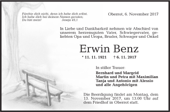 Traueranzeige von Erwin Benz von Rundschau Gaildorf