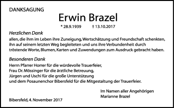 Traueranzeige von Erwin Brazel von Haller Tagblatt