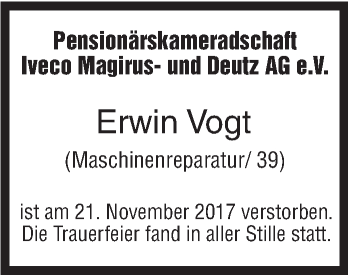 Traueranzeige von Erwin Vogt von SÜDWEST PRESSE Ausgabe Ulm/Neu-Ulm