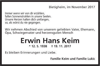 Traueranzeige von Erwin Hans Keim von SÜDWEST PRESSE