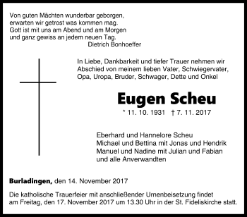 Traueranzeige von Eugen Scheu von Hohenzollerische Zeitung