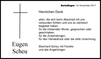 Traueranzeige von Eugen Scheu von Hohenzollerische Zeitung