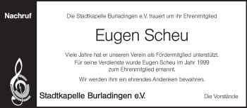 Traueranzeige von Eugen Scheu von Hohenzollerische Zeitung