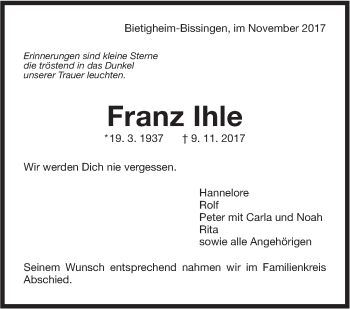 Traueranzeige von Franz Ihle von SÜDWEST PRESSE