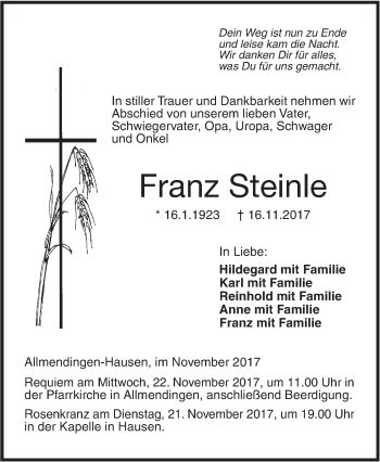 Traueranzeige von Franz Steinle von Ehinger Tagblatt