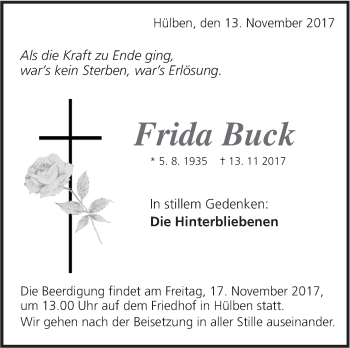 Traueranzeige von Frida Buck von Alb-Bote/Metzinger-Uracher Volksblatt