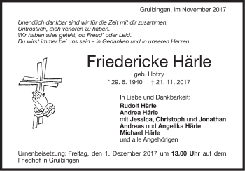 Traueranzeige von Friedericke Härle von NWZ Neue Württembergische Zeitung/Geislinger Zeitung