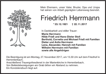 Traueranzeige von Friedrich Herrmann von Hohenloher Tagblatt