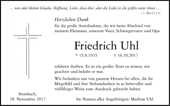 Traueranzeige von Friedrich Uhl von Haller Tagblatt