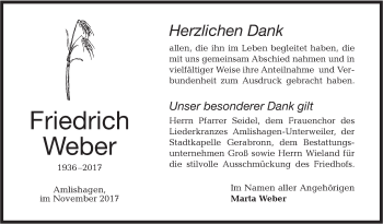 Traueranzeige von Friedrich Weber von Hohenloher Tagblatt