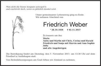 Traueranzeige von Friedrich Weber von Hohenloher Tagblatt