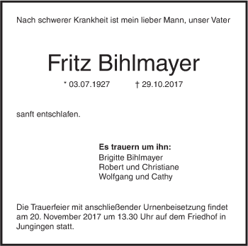 Traueranzeige von Fritz Bihlmayer von SÜDWEST PRESSE Ausgabe Ulm/Neu-Ulm