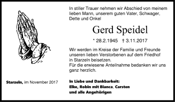 Traueranzeige von Gerd Speidel von Hohenzollerische Zeitung