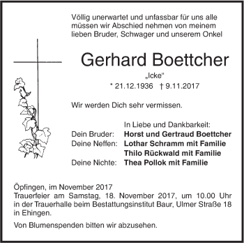 Traueranzeige von Gerhard Boettcher von Ehinger Tagblatt