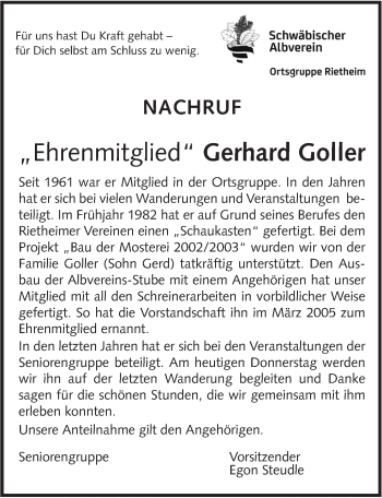 Traueranzeige von Gerhard Goller von Alb-Bote/Metzinger-Uracher Volksblatt