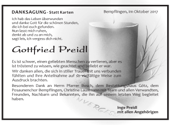 Traueranzeige von Gottfried Preidl von SÜDWEST PRESSE