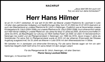 Traueranzeige von Hans Hilmer von SÜDWEST PRESSE Ausgabe Ulm/Neu-Ulm