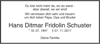 Traueranzeige von Hans Ditmar Fridolin Schuster von SÜDWEST PRESSE Ausgabe Ulm/Neu-Ulm