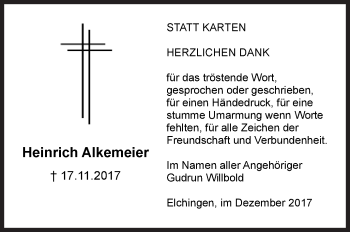 Traueranzeige von Heinrich Alkemeier von SÜDWEST PRESSE