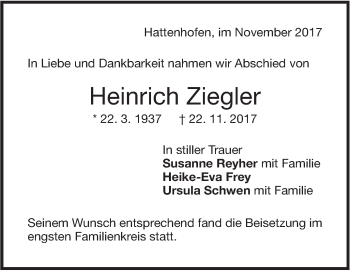 Traueranzeige von Heinrich Ziegler von NWZ Neue Württembergische Zeitung