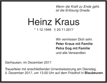 Traueranzeige von Heinz Kraus von SÜDWEST PRESSE Ausgabe Ulm/Neu-Ulm