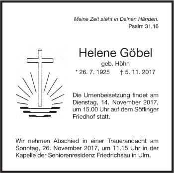 Traueranzeige von Helene Göbel von SÜDWEST PRESSE Ausgabe Ulm/Neu-Ulm