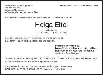 Traueranzeige von Helga Eitel von NWZ Neue Württembergische Zeitung