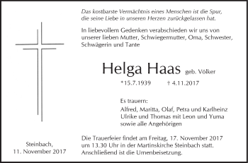 Traueranzeige von Helga Haas von Haller Tagblatt