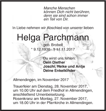 Traueranzeige von Helga Parchmann von Ehinger Tagblatt