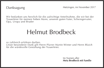 Traueranzeige von Helmut Brodbeck von SÜDWEST PRESSE