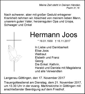 Traueranzeige von Hermann Joos von SÜDWEST PRESSE Ausgabe Ulm/Neu-Ulm