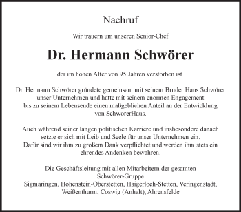 Traueranzeige von Hermann Schwörer von Alb-Bote/Metzinger-Uracher Volksblatt