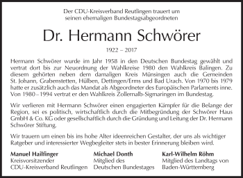 Traueranzeige von Hermann Schwörer von Metzinger-Uracher Volksblatt