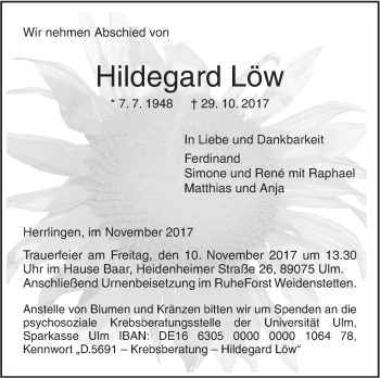 Traueranzeige von Hildegard Löw von SÜDWEST PRESSE Ausgabe Ulm/Neu-Ulm