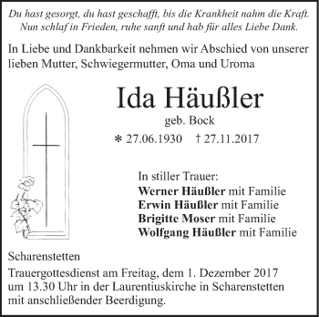 Traueranzeige von Ida Häußler von SÜDWEST PRESSE Ausgabe Ulm/Neu-Ulm