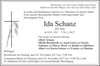 Traueranzeige von Ida Schanz von SÜDWEST PRESSE Ausgabe Ulm/Neu-Ulm