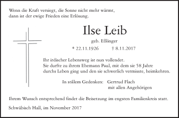 Traueranzeige von Ilse Leib von Haller Tagblatt