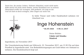 Traueranzeige von Inge Hohenstein von Hohenloher Tagblatt