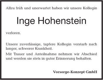 Traueranzeige von Inge Hohenstein von Hohenloher Tagblatt