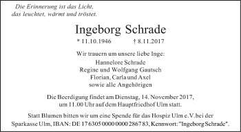 Traueranzeige von Ingeborg Schrade von SÜDWEST PRESSE Ausgabe Ulm/Neu-Ulm