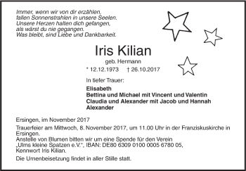 Traueranzeige von Iris Kilian von SÜDWEST PRESSE Ausgabe Ulm/Neu-Ulm